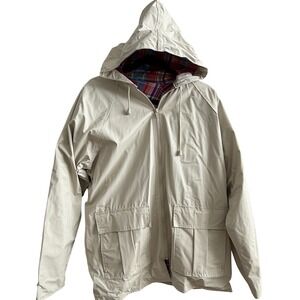 Misty Harbor Raincoat Women M Cream Plaid Lined Hooded Vinyl Zip Jacket